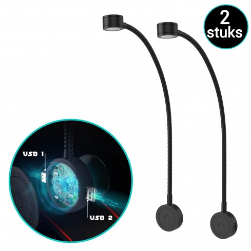LED Bed lights with flexible arm, dimming function and USB (2 pcs)