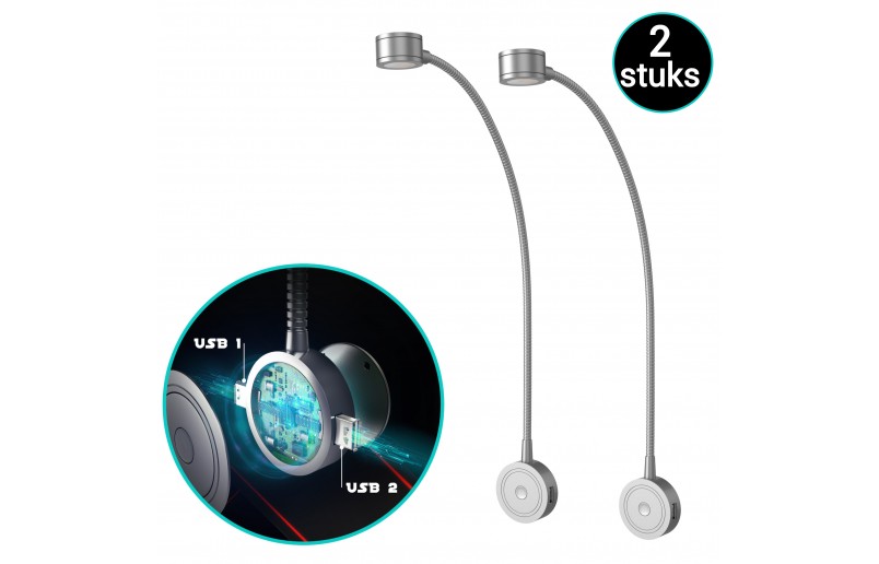LED Bed lights with flexible arm, dimming function and USB (2 pcs) - BLL1001