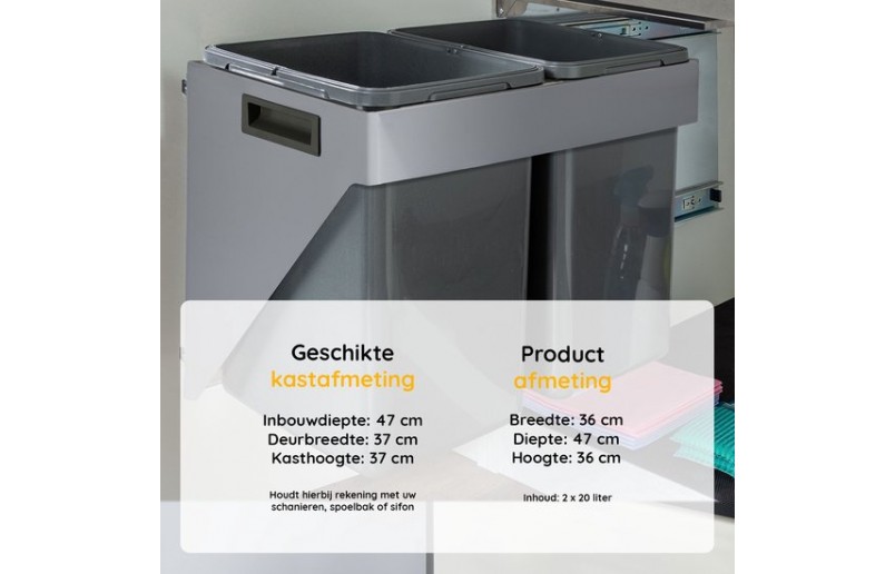 Ausziehbarer Einbau-Abfalleimer 2x20 Liter, hängende Seitenwandmontage