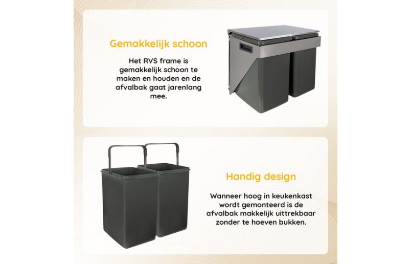 Ausziehbarer Einbau-Abfalleimer 2x20 Liter, hängende Seitenwandmontage