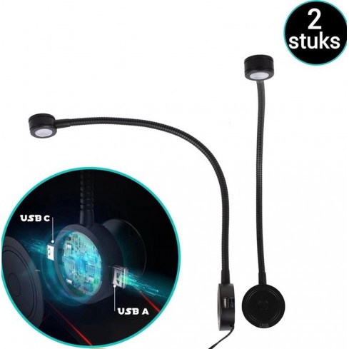 Led bedside lamps with flexible arm, dimming function, USB and USB-C (2 pcs) 