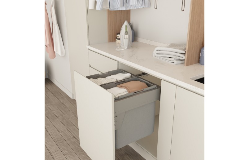 Stoffbezug, ausziehbarer, waschbarer Wäschekorb/Wäschesortierer, 40+40 Liter, für feste Schrankfronten (600 mm)