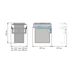 Stoffbezug, ausziehbarer, waschbarer Wäschekorb/Wäschesortierer, 40+40 Liter, für feste Schrankfronten (600 mm)