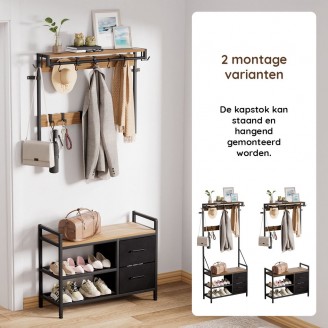 Coat Rack with Shoe Rack and Drawers, Gold Oak / Black