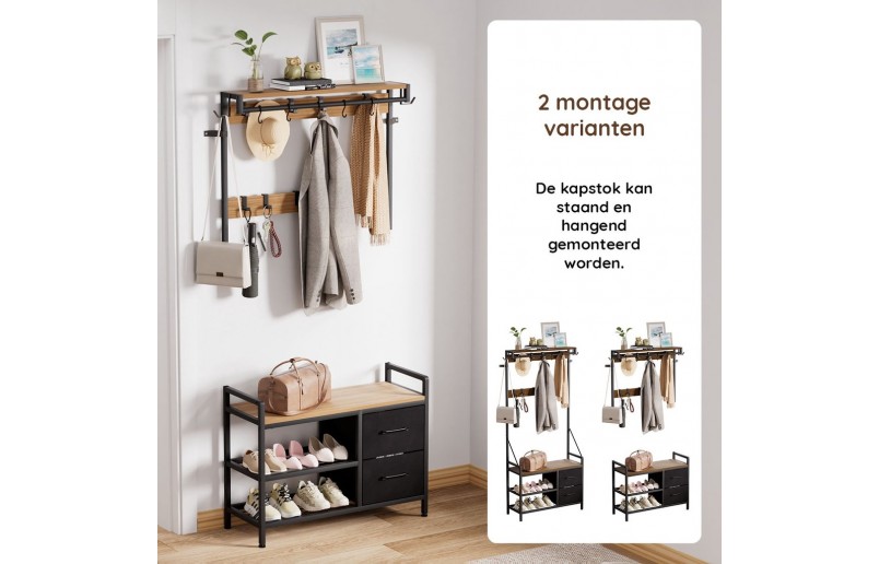Coat Rack with Shoe Rack and Drawers, Gold Oak / Black