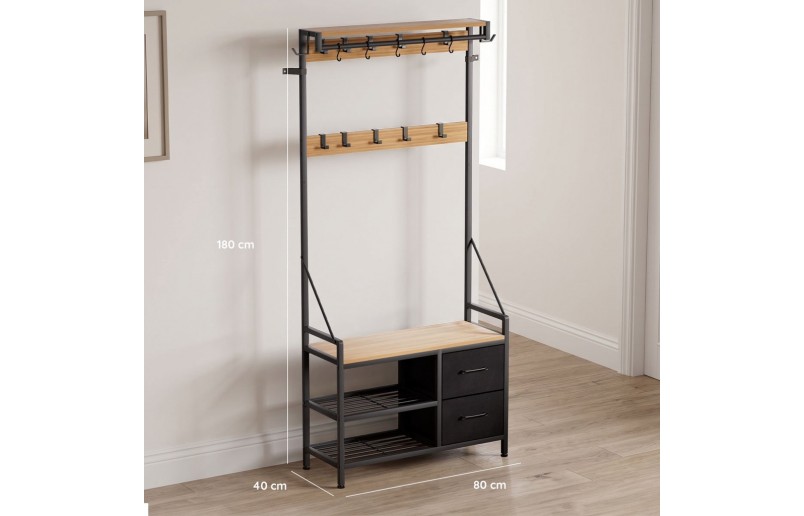 Coat Rack with Shoe Rack and Drawers, Gold Oak / Black