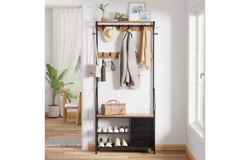 Coat Rack with Shoe Rack and Drawers, Gold Oak / Black