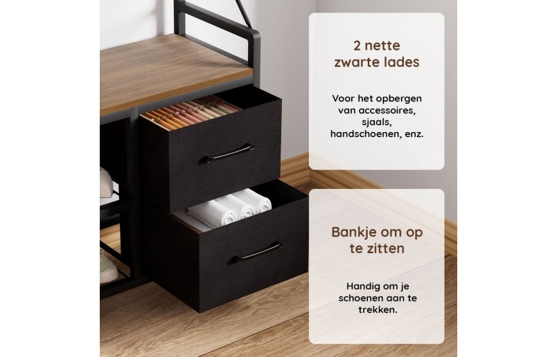 Garderobe mit Schuhregal und Schubladen, Walnuss / Schwarz