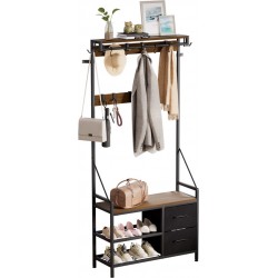 Garderobe mit Schuhregal und Schubladen, Walnuss / Schwarz