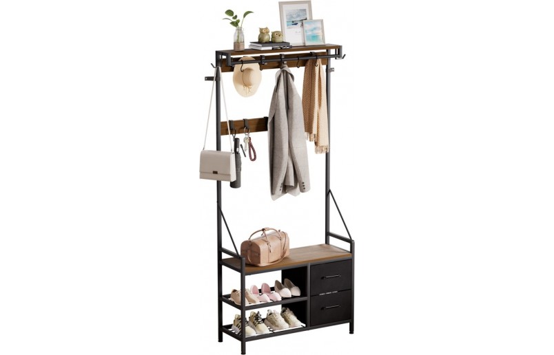 Garderobe mit Schuhregal und Schubladen, Walnuss / Schwarz