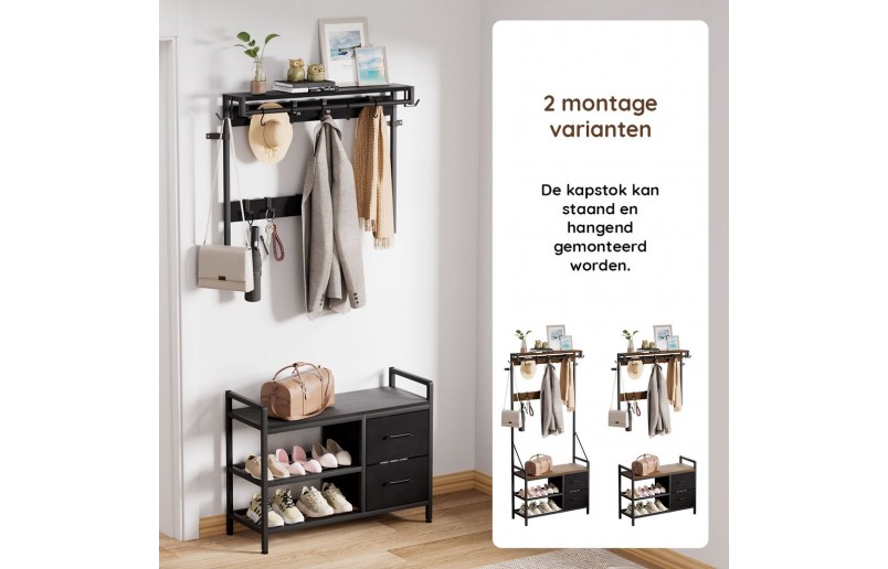 Garderobe mit Schuhregal und Schubladen, Schwarz holz / Schwarz