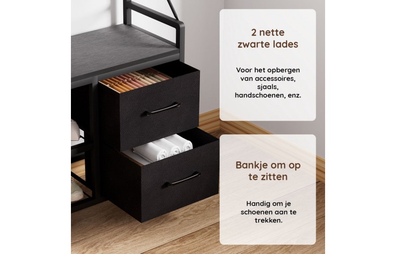 Garderobe mit Schuhregal und Schubladen, Schwarz holz / Schwarz