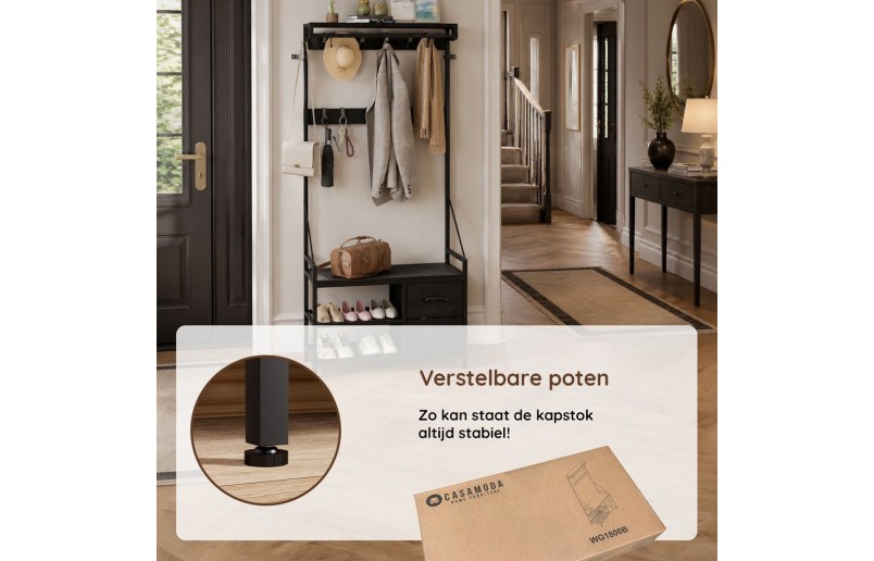 Garderobe mit Schuhregal und Schubladen, Schwarz holz / Schwarz