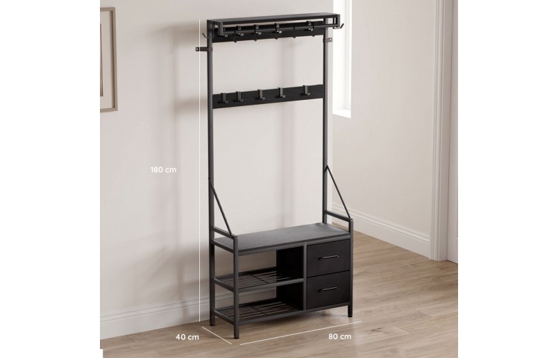 Garderobe mit Schuhregal und Schubladen, Schwarz holz / Schwarz