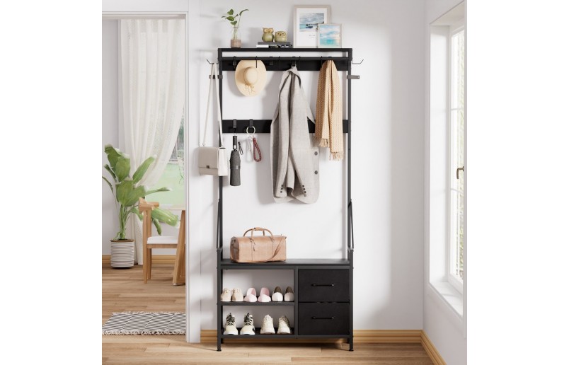 Garderobe mit Schuhregal und Schubladen, Schwarz holz / Schwarz