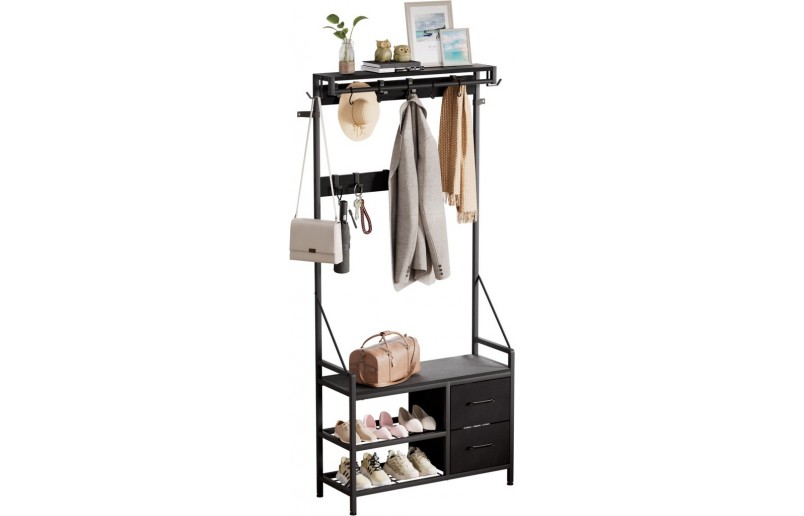 Garderobe mit Schuhregal und Schubladen, Schwarz holz / Schwarz