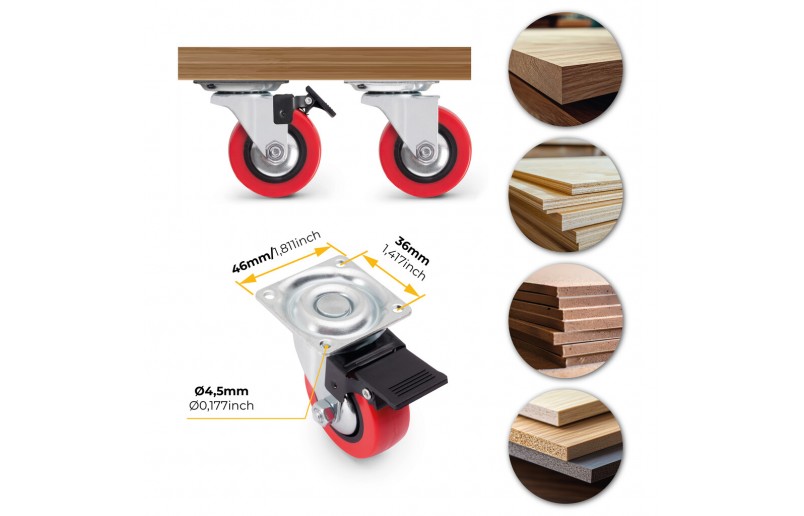 Furniture castors red rubber in set of 4 pieces - MW50RO