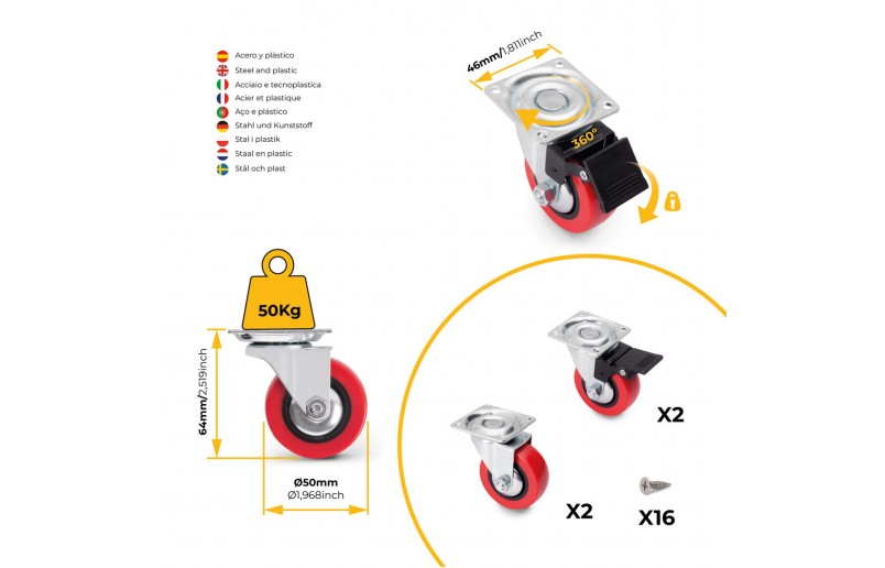 Furniture castors red rubber in set of 4 pieces - MW50RO