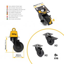 Furniture casters black rubber in set of 4 pieces 73 mm high