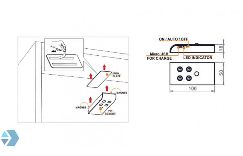 Rechargeable black LED battery light with motion detector - BL10050Z