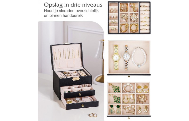 Schmuckkästchen mit 5 Fächern und 3 Schubladen, schwarz 