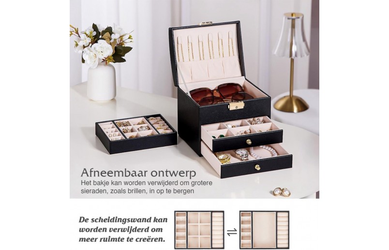 Schmuckkästchen mit 5 Fächern und 3 Schubladen, schwarz 