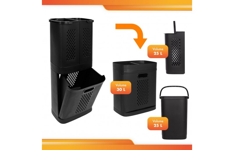 Laundry sorter black plastic with 3 compartments, total 124 liters